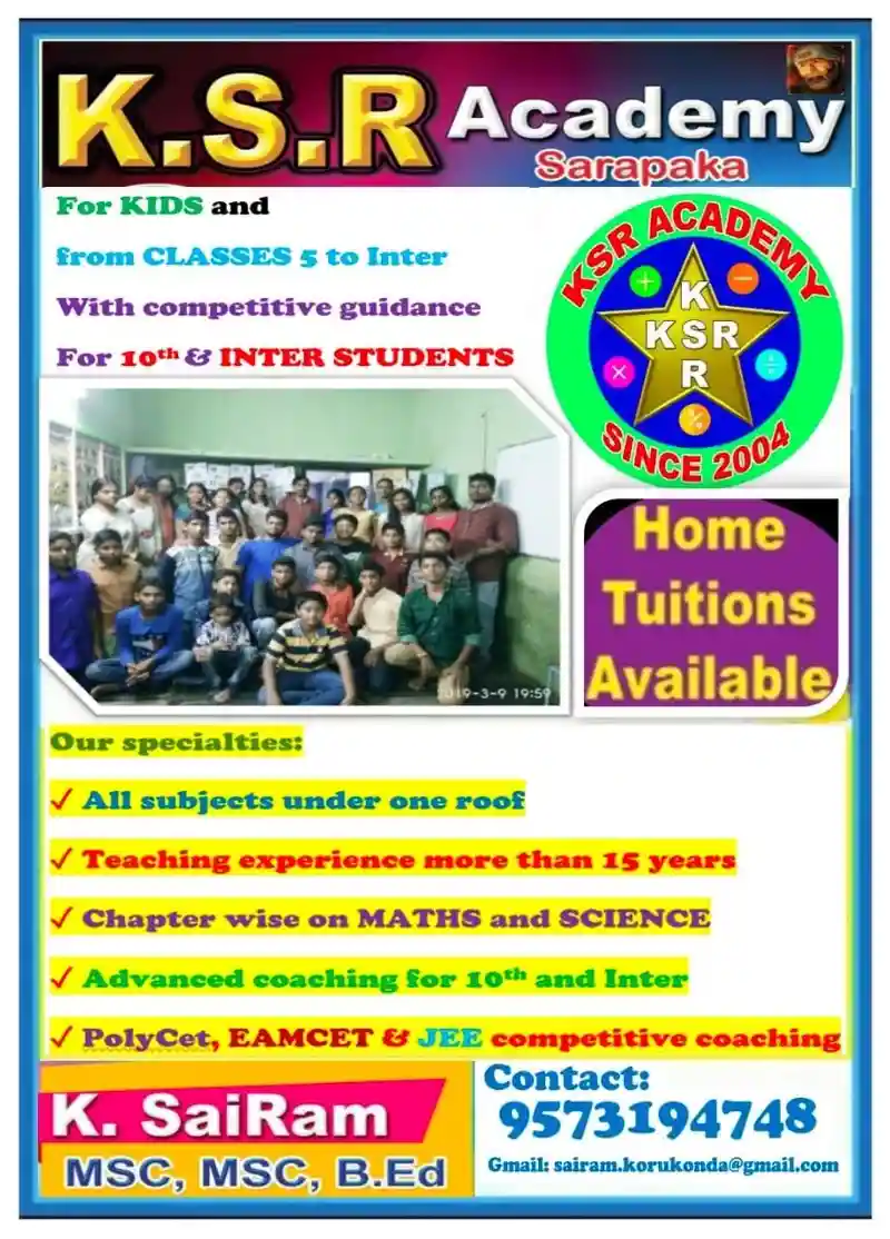 Inter and 10 th pass guarantee coaching by KSR Academy of Maths and Science in Sarapaka
